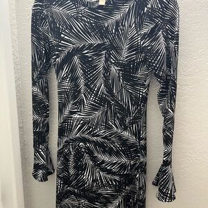 Michael Kors Black & White Palm-Print Long Sleeve Dress